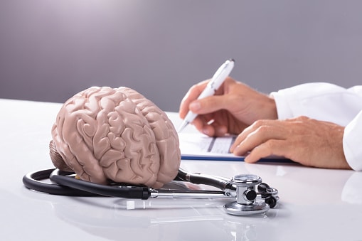 Brain Model And Stethoscope On Table In Front Of Doctor Writing On Clipboard